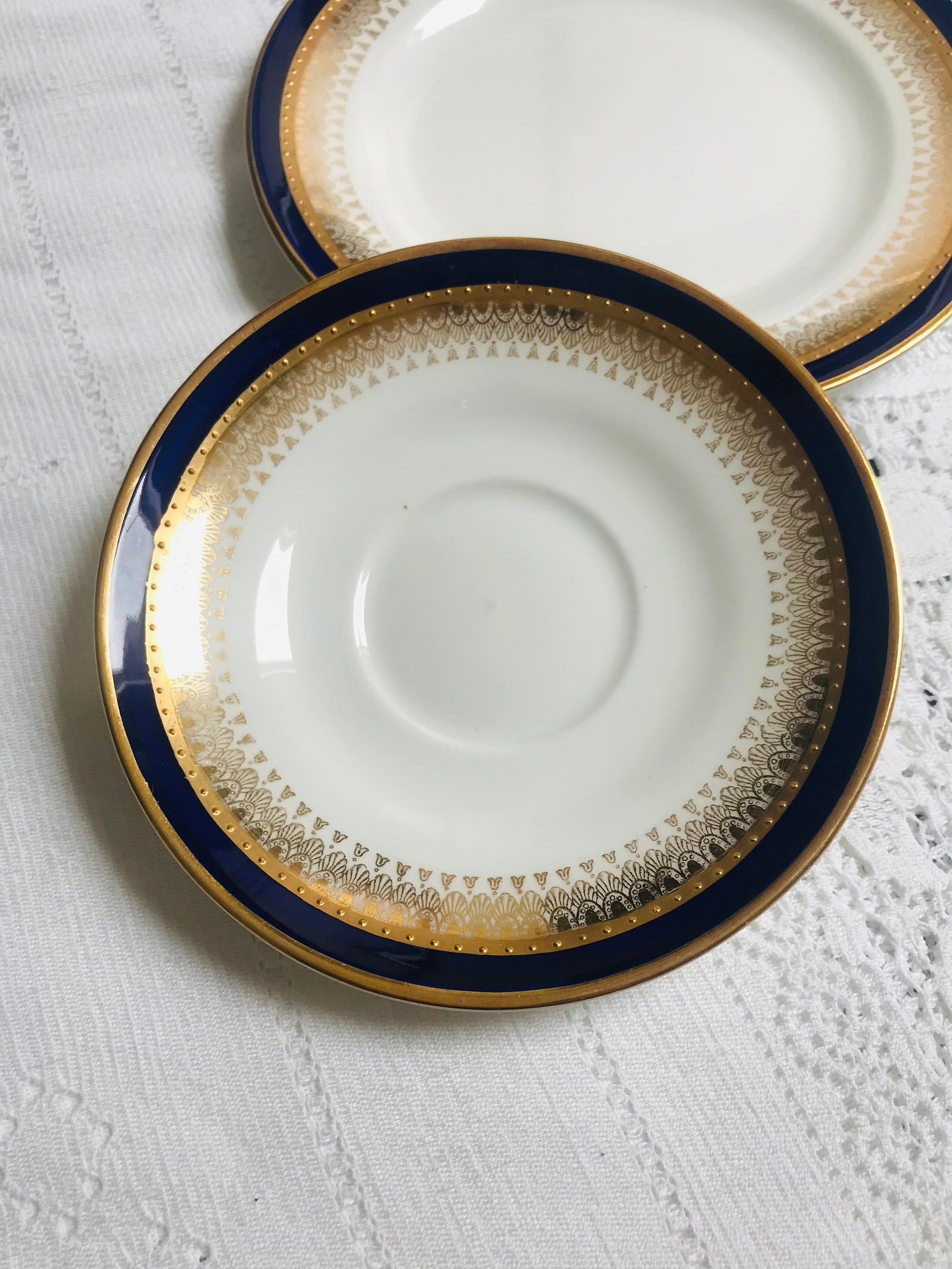 Elegant Crescent China Blue White Gold Teacup Saucer Tea for 6 English afternoon tea china